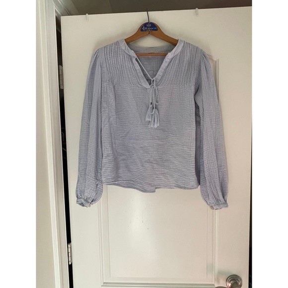 Organic Cotton Gauze Light Blue Blouse with Tie Detail - Picture 6 of 7